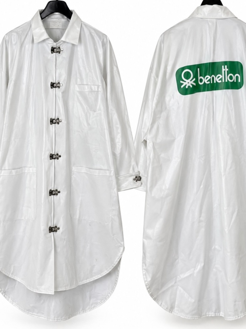 Vintage 80s Benetton White PVC Fireman Rain Coat Metal Clasps Logo Jacket Unisex